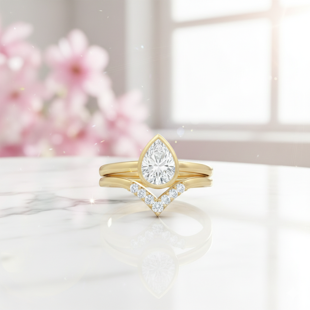 1.10 Ct Pear Cut Lab Grown Diamond Bridal Set – Bezel Engagement Ring