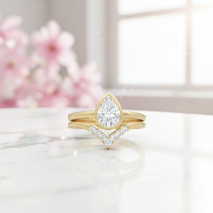 1.10 Ct Pear Cut Lab Grown Diamond Bridal Set – Bezel Engagement Ring