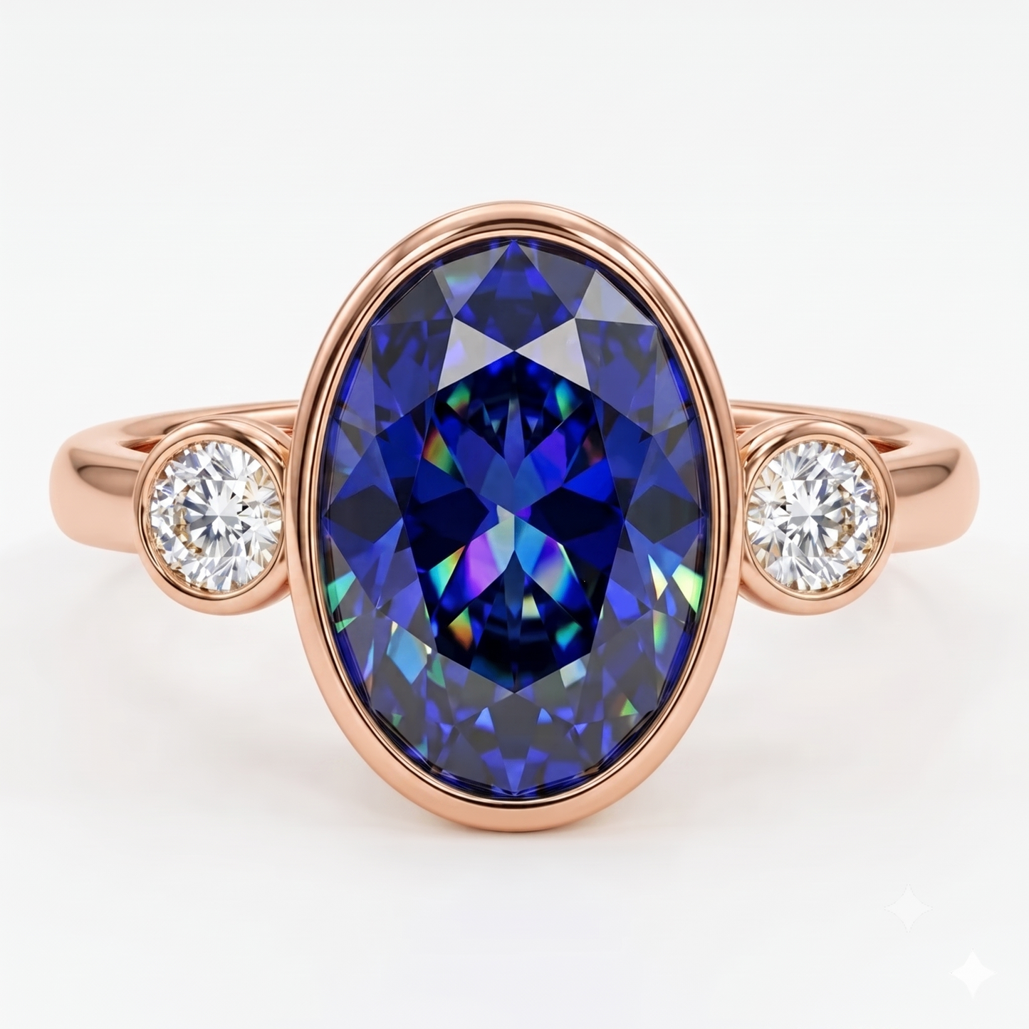 Blue Sapphire Oval Birthstone Bezel Setting Three Stone Engagement Ring