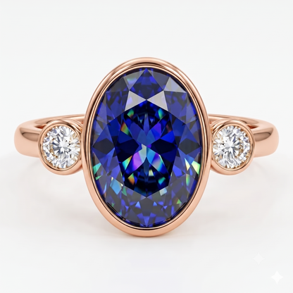 Blue Sapphire Oval Birthstone Bezel Setting Three Stone Engagement Ring