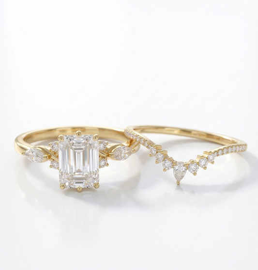 2.130ct Emerald Cut Lab-Grown Diamond Engagement Ring Set
