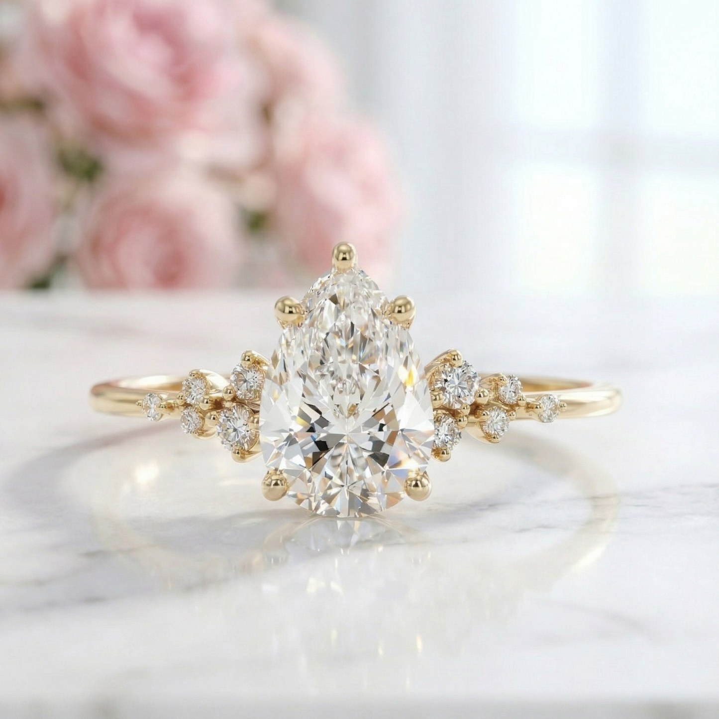 2.100CT Pear Lab Diamond Floral Cluster Engagement Ring