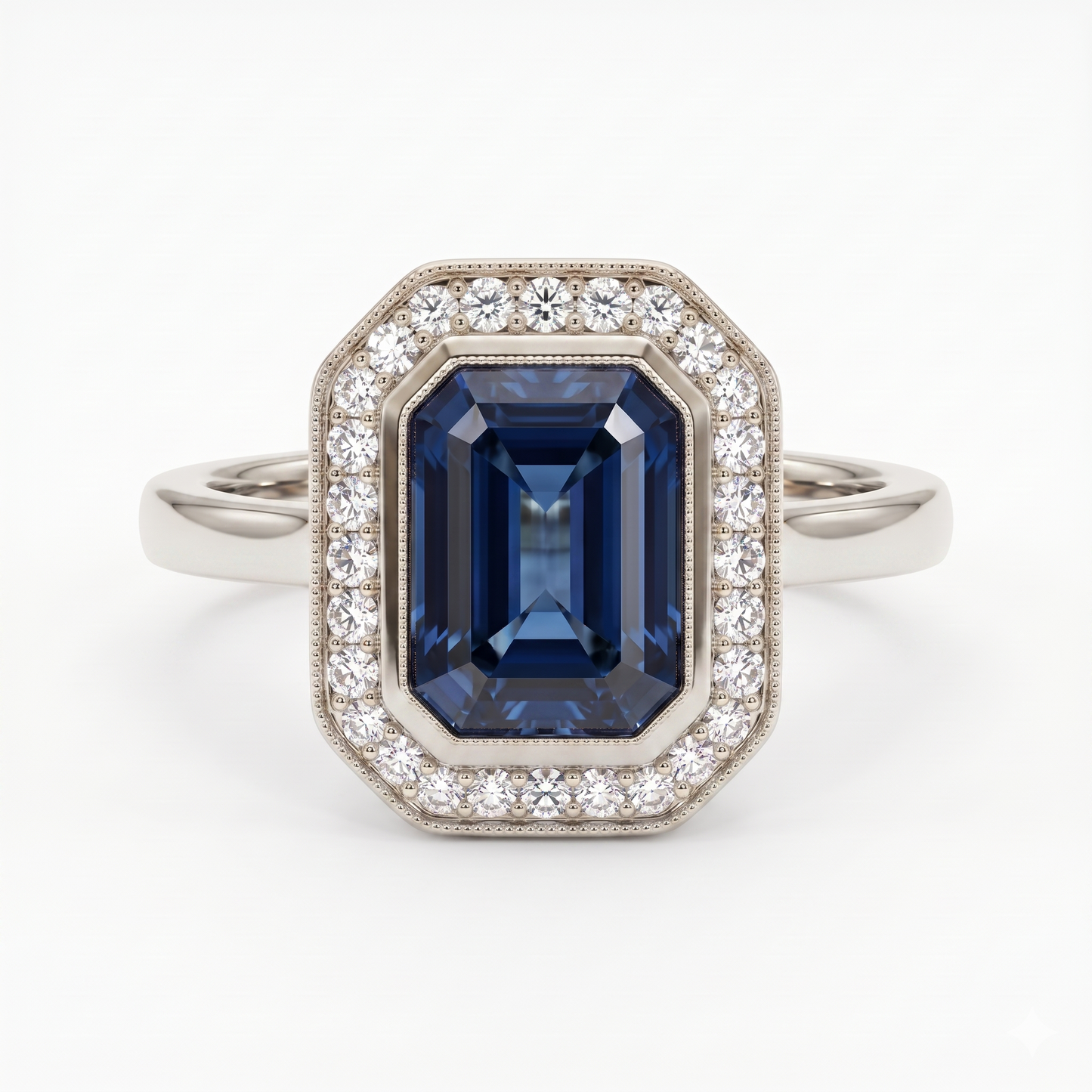 2.00 CT Blue Sapphire Radiant Cut Halo Lab-Grown Engagement Ring
