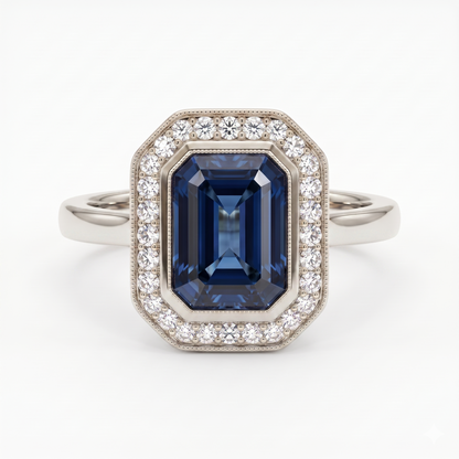 2.00 CT Blue Sapphire Radiant Cut Halo Lab-Grown Engagement Ring