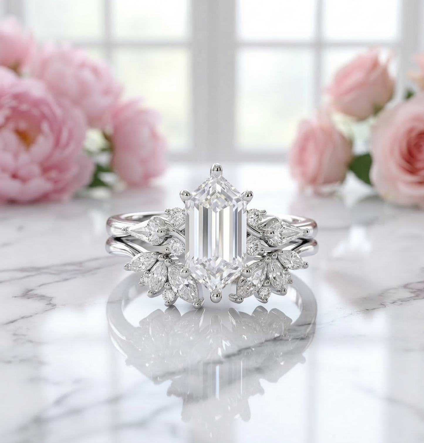 1.790CT Long Hexagon Lab Diamond Engagement Ring Set