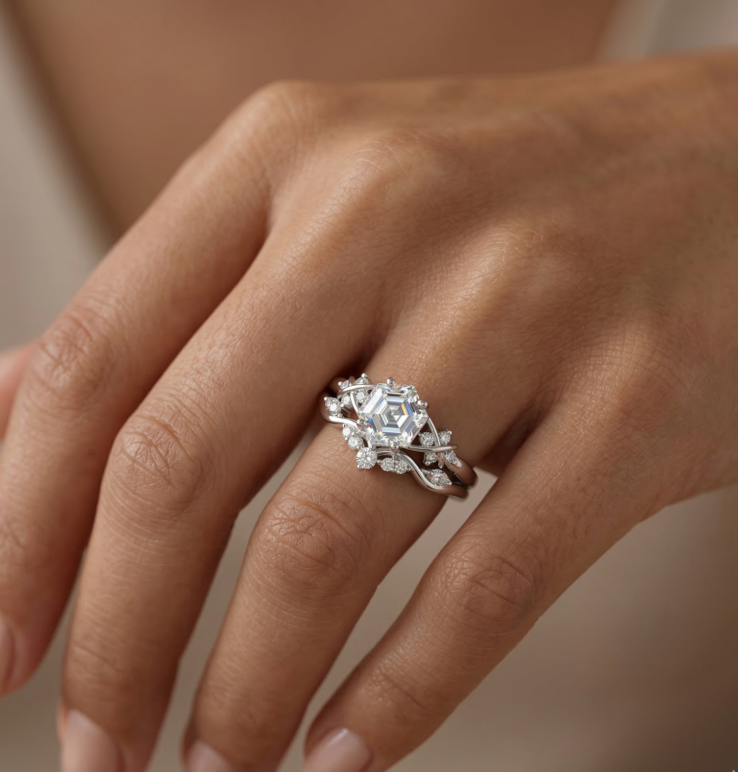 1.17 Ct Hexagon Lab Grown Diamond Art Deco Ring Set