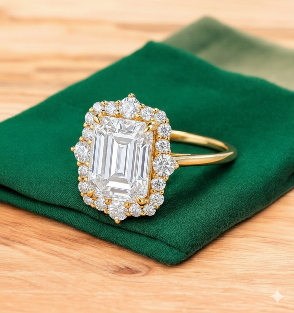 3.5ct Emerald Cut Moissanite Engagement Ring • Unique Vintage Yellow Gold Bridal Ring