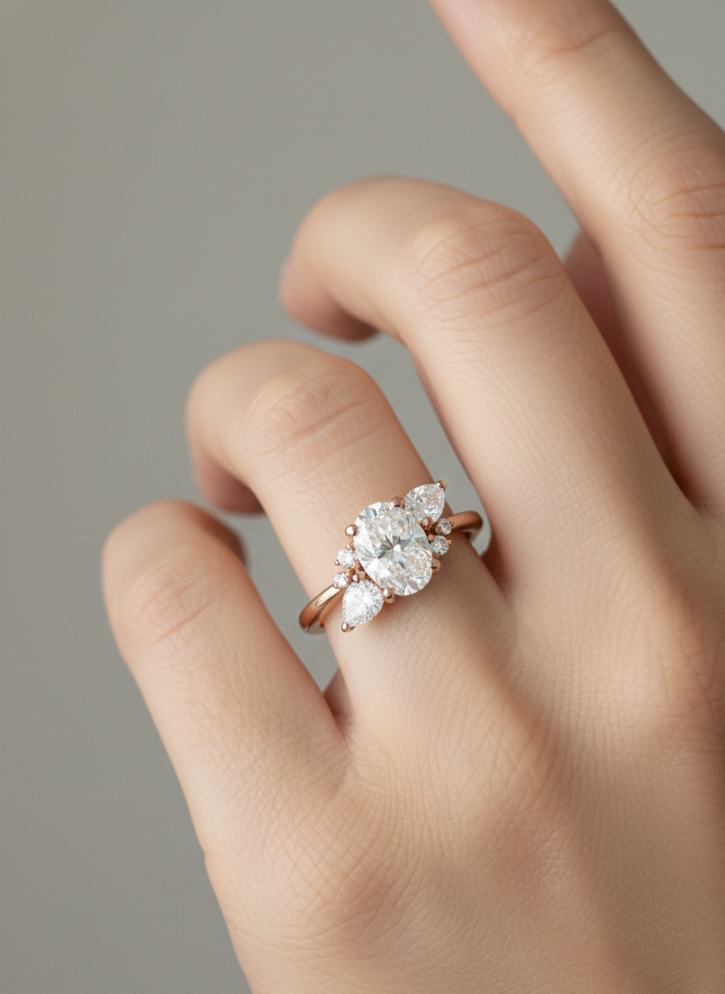 Elegant 1.70 CT Oval Engagement Ring – 14K Gold Cluster Design