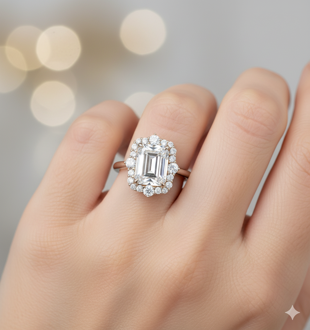 3.5ct Emerald Cut Moissanite Engagement Ring • Unique Vintage Yellow Gold Bridal Ring