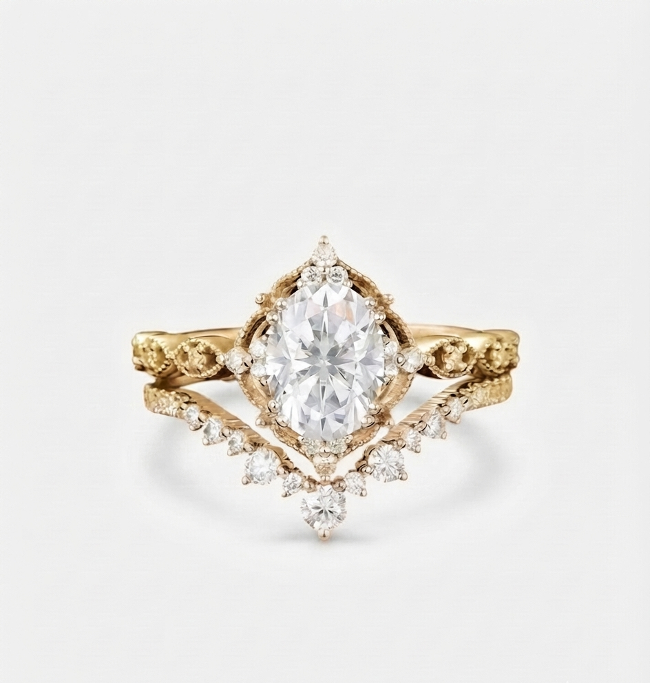 1.650 CT Oval Cut Lab-Grown Engagement Ring, Bridal Set
