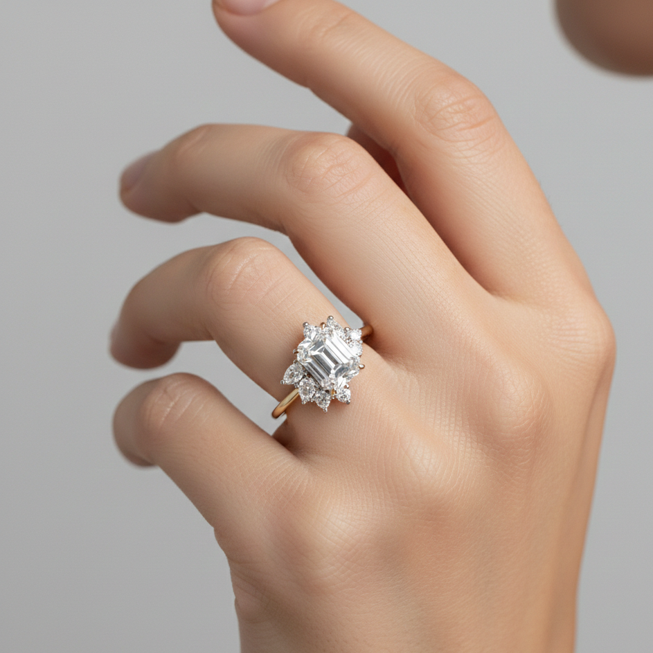 1.600ct Emerald Cut Three Stone Cluster Engagement Ring