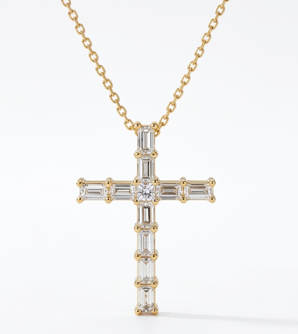 0.38 CT Baguette & Princess Cut Cross Pendant Necklace - 14K Gold