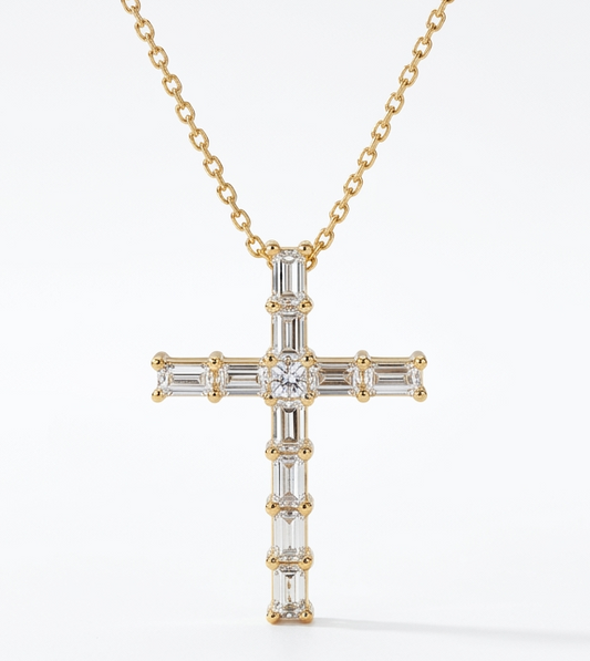 0.38 CT Baguette & Princess Cut Cross Pendant Necklace - 14K Gold