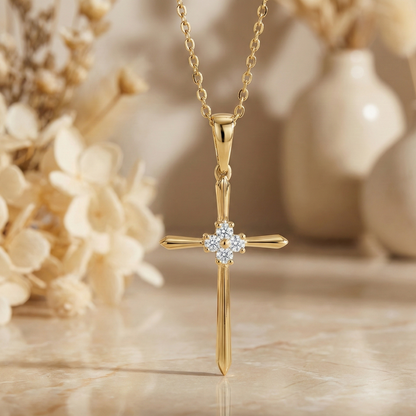 0.40 CT Lab-Grown Cross Pendant Necklace - 14K Solid Gold
