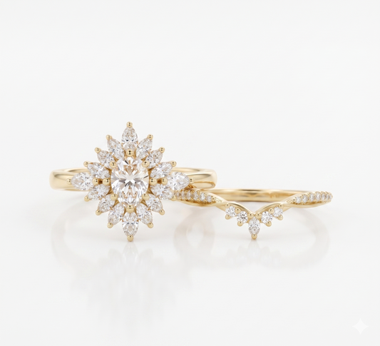 1.80 Ct Pear Cut Diamond Bridal Set – Sunburst Halo Ring