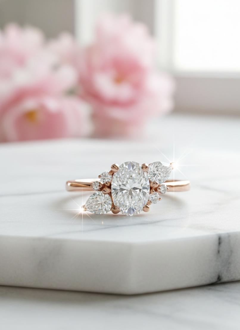 Elegant 1.70 CT Oval Engagement Ring – 14K Gold Cluster Design