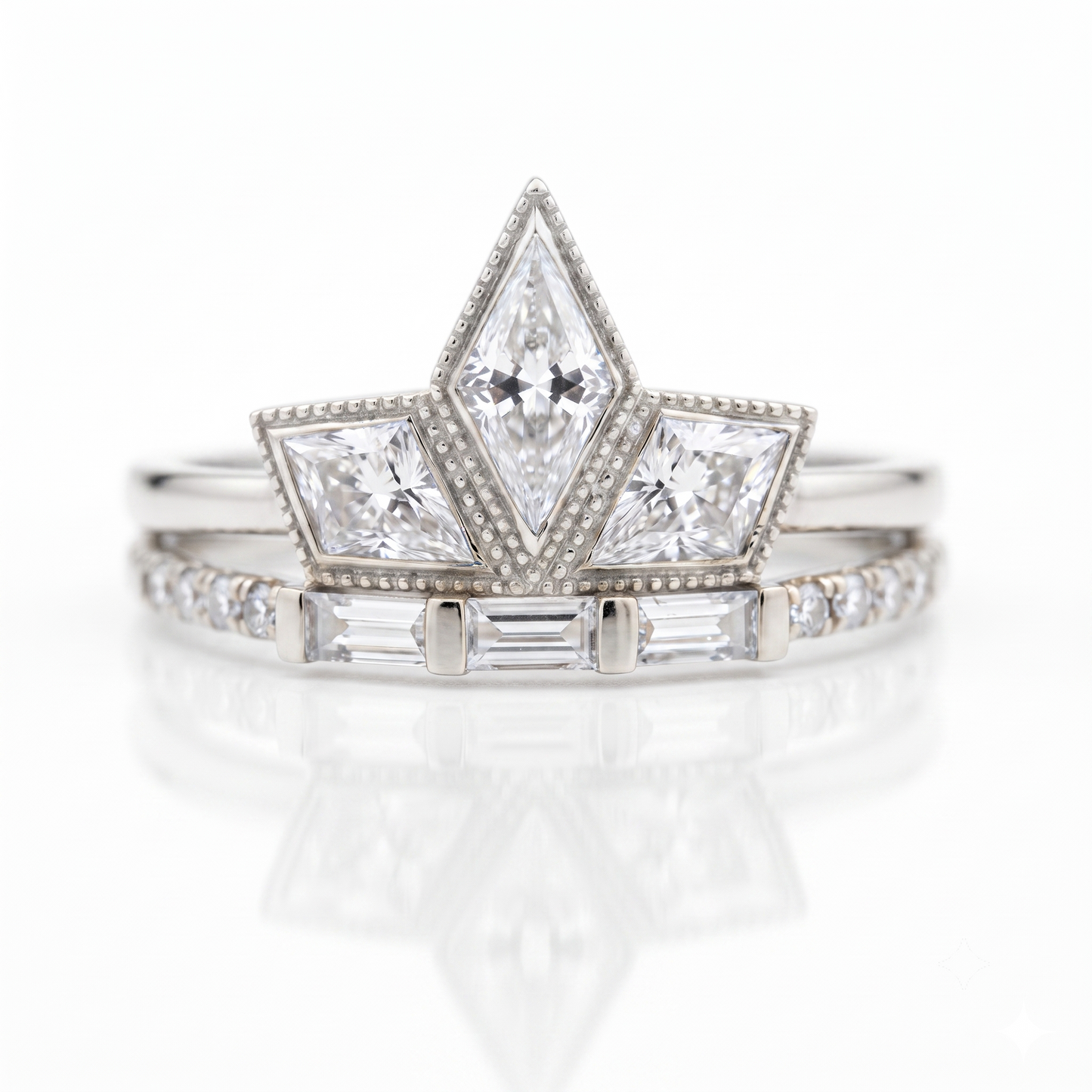 1.20ct Kite Cut Lab Grown Art Deco Three Stone Engagement Ring sets