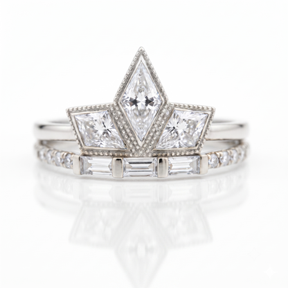 1.20ct Kite Cut Lab Grown Art Deco Three Stone Engagement Ring sets