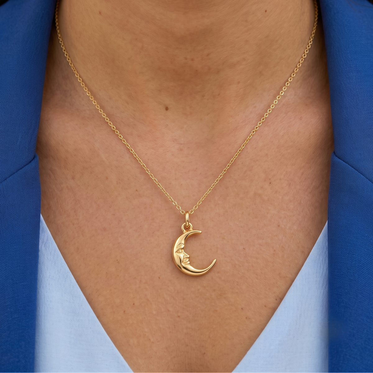 Crescent Moon Face Pendant Necklace in 14K Gold