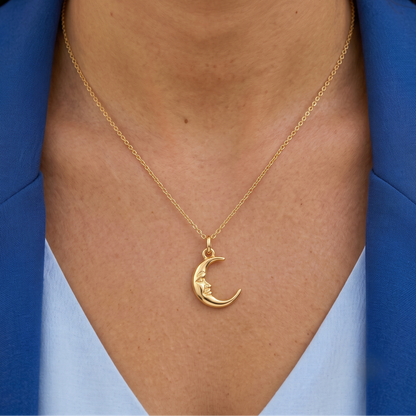 Crescent Moon Face Pendant Necklace in 14K Gold