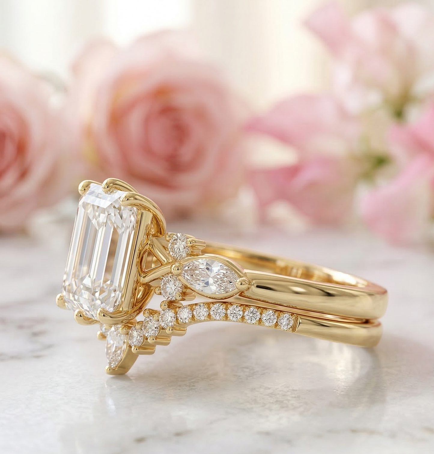 2.130ct Emerald Cut Lab-Grown Diamond Engagement Ring Set