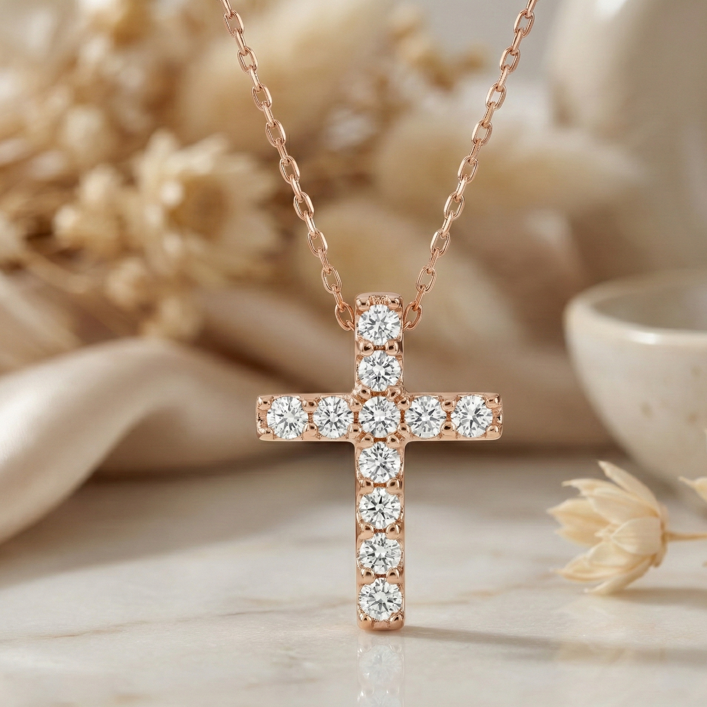 0.110 Ct 14K Solid Gold Lab-Grown Cross Necklace