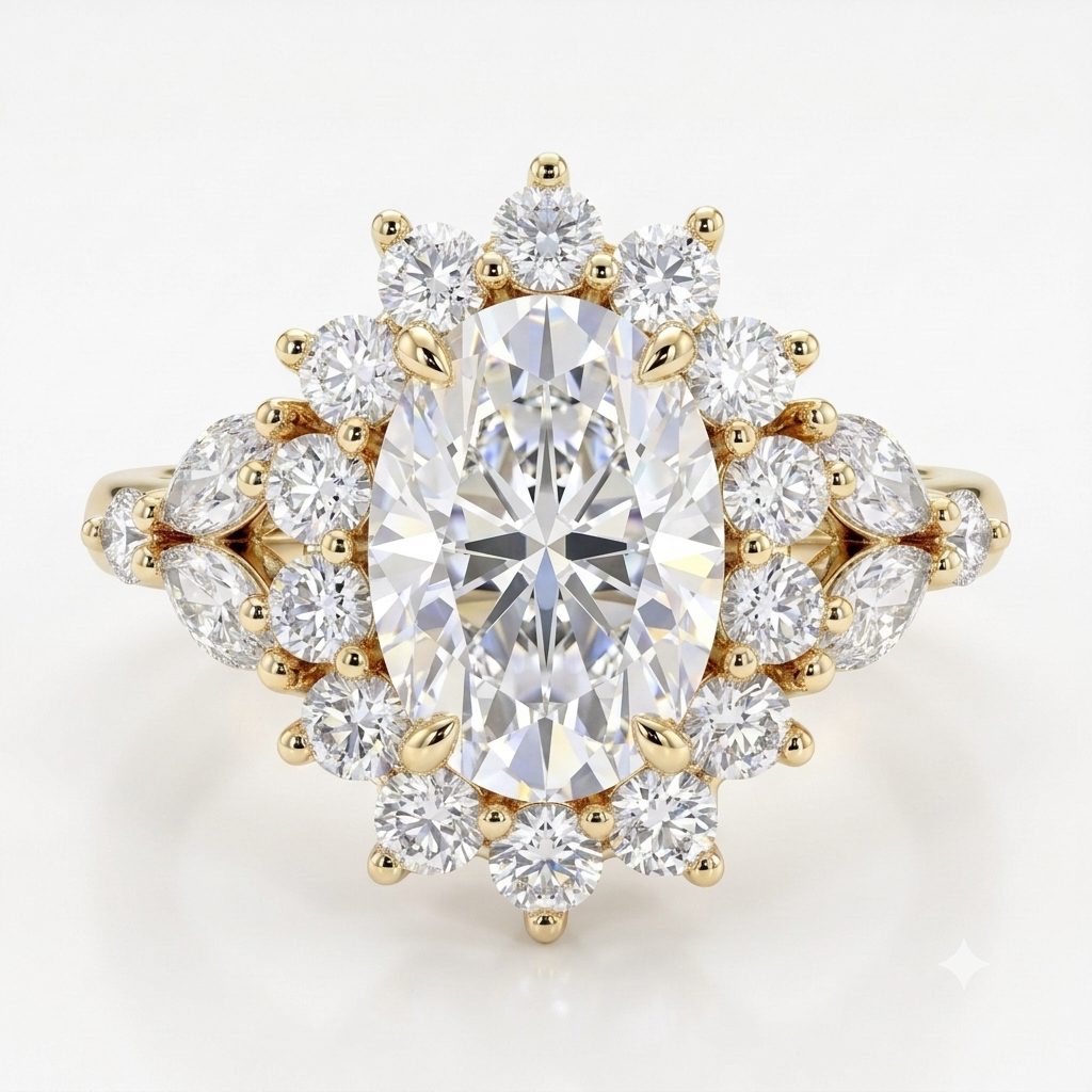 3CT Oval Lab Grown Diamond Cluster Engagement Ring • Vintage Rose Gold Art Deco Bridal Ring