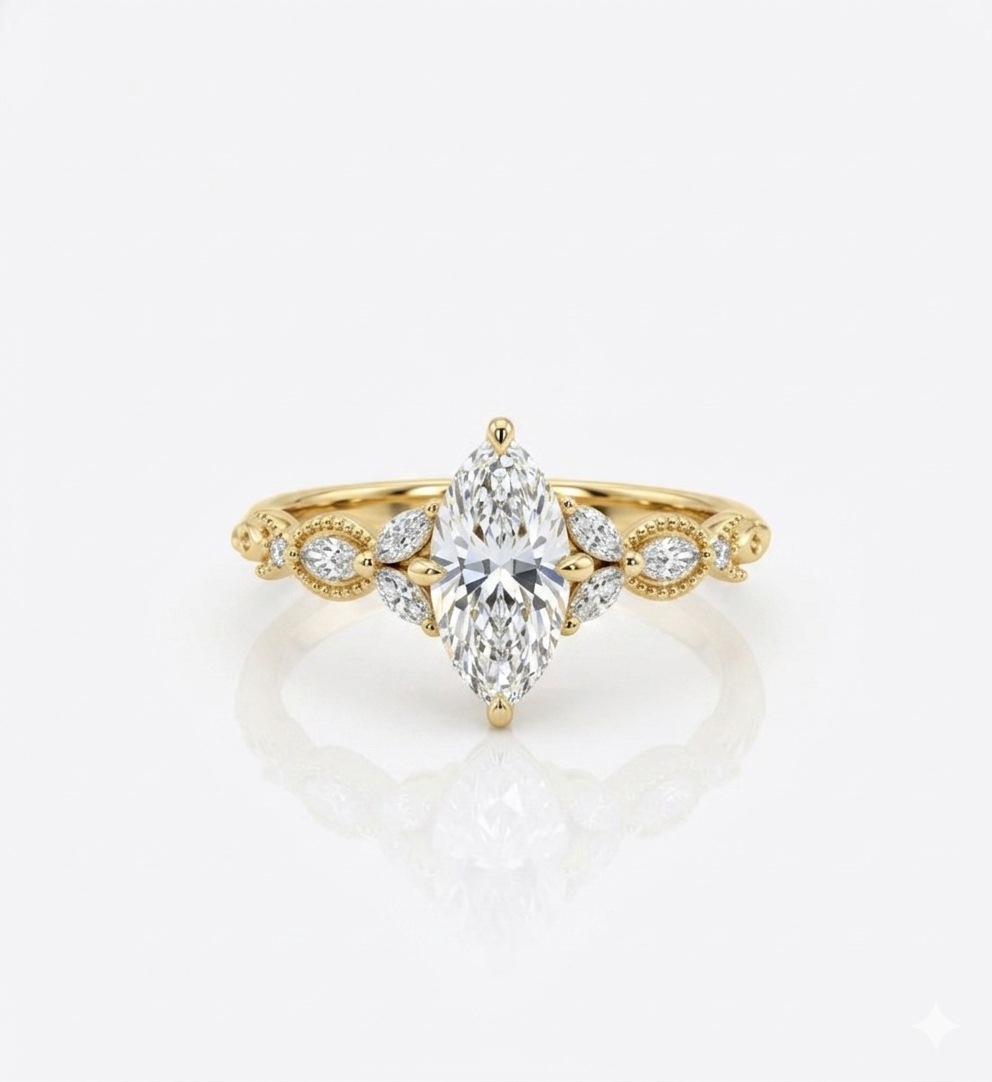 Lab Grown 1.00 ct Marquise Cut Diamond Cluster Ring • Rose Gold Engagement Ring