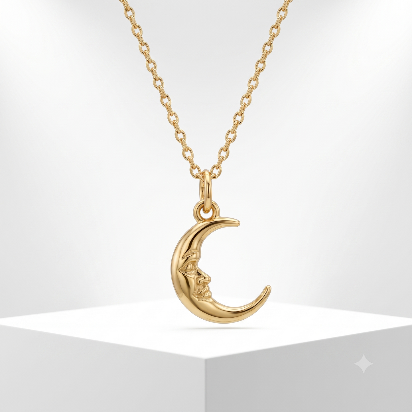 Crescent Moon Face Pendant Necklace, 14K Solid Gold