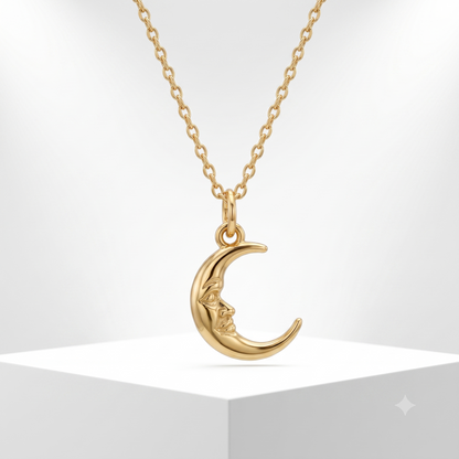 Crescent Moon Face Pendant Necklace, 14K Solid Gold