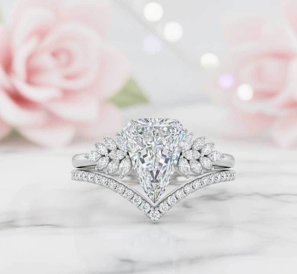 2.50 Ct Shield Cut Moissanite Ring Set – Chevron Wedding Band