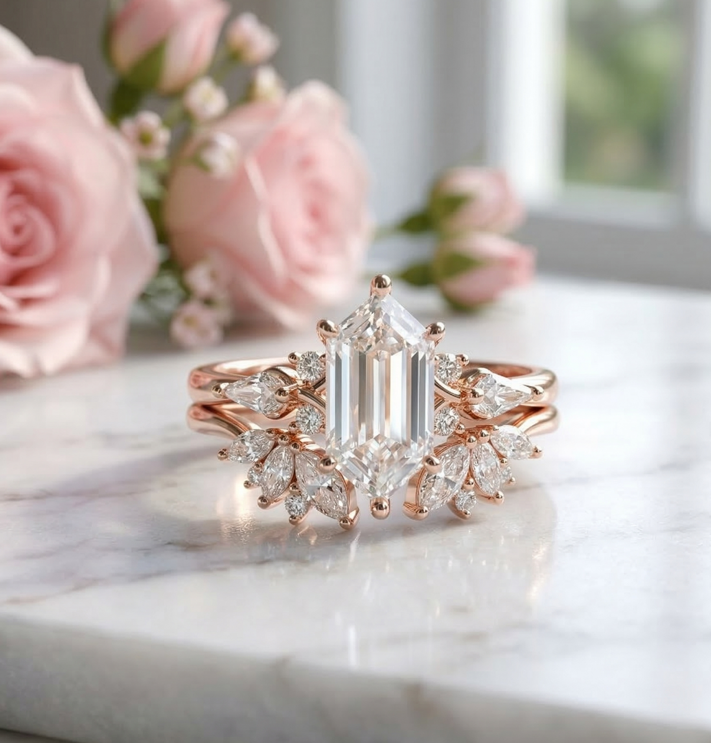 1.790CT Long Hexagon Lab Diamond Engagement Ring Set