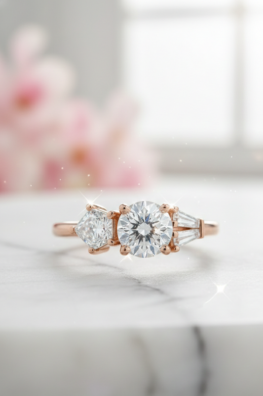 2.10 CT Three Stone Round Cut Moissanite Engagement Ring 14K Gold