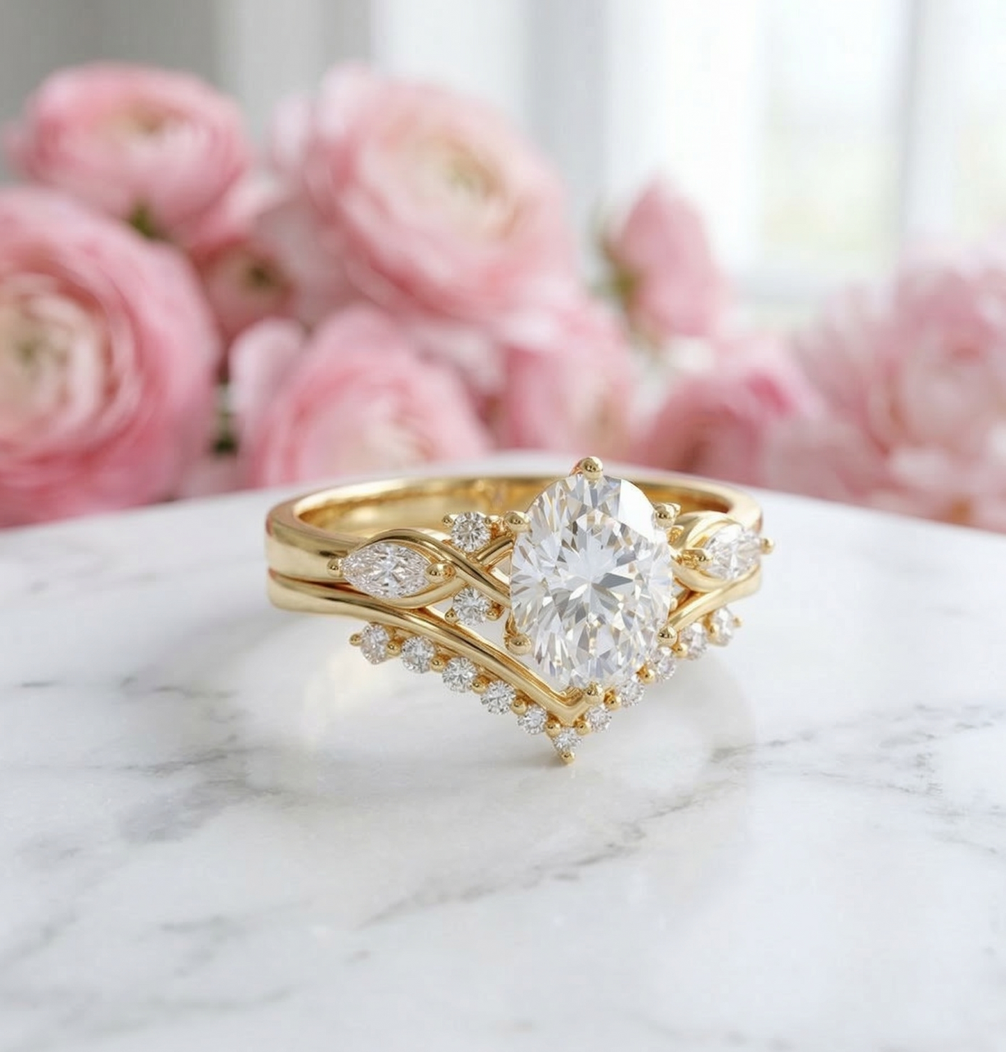 1.560CT Oval Lab Grown Diamond Engagement Ring Set