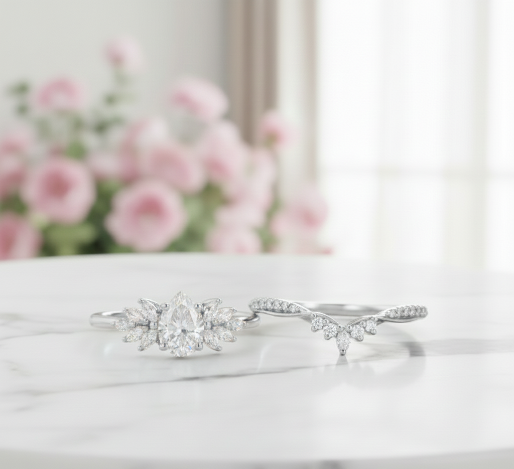 1.60 Ct Pear Moissanite Bridal Set – Leaf Cluster Engagement Ring