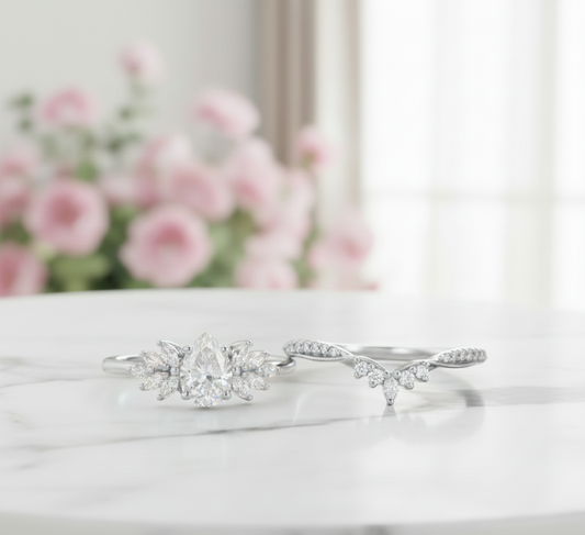 1.60 Ct Pear Moissanite Bridal Set – Leaf Cluster Engagement Ring