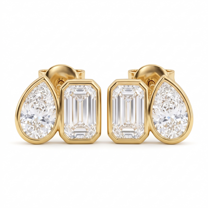 2.00 Ct Pear & Emerald Cut Lab Grown Diamond Bezel Studs Earrings