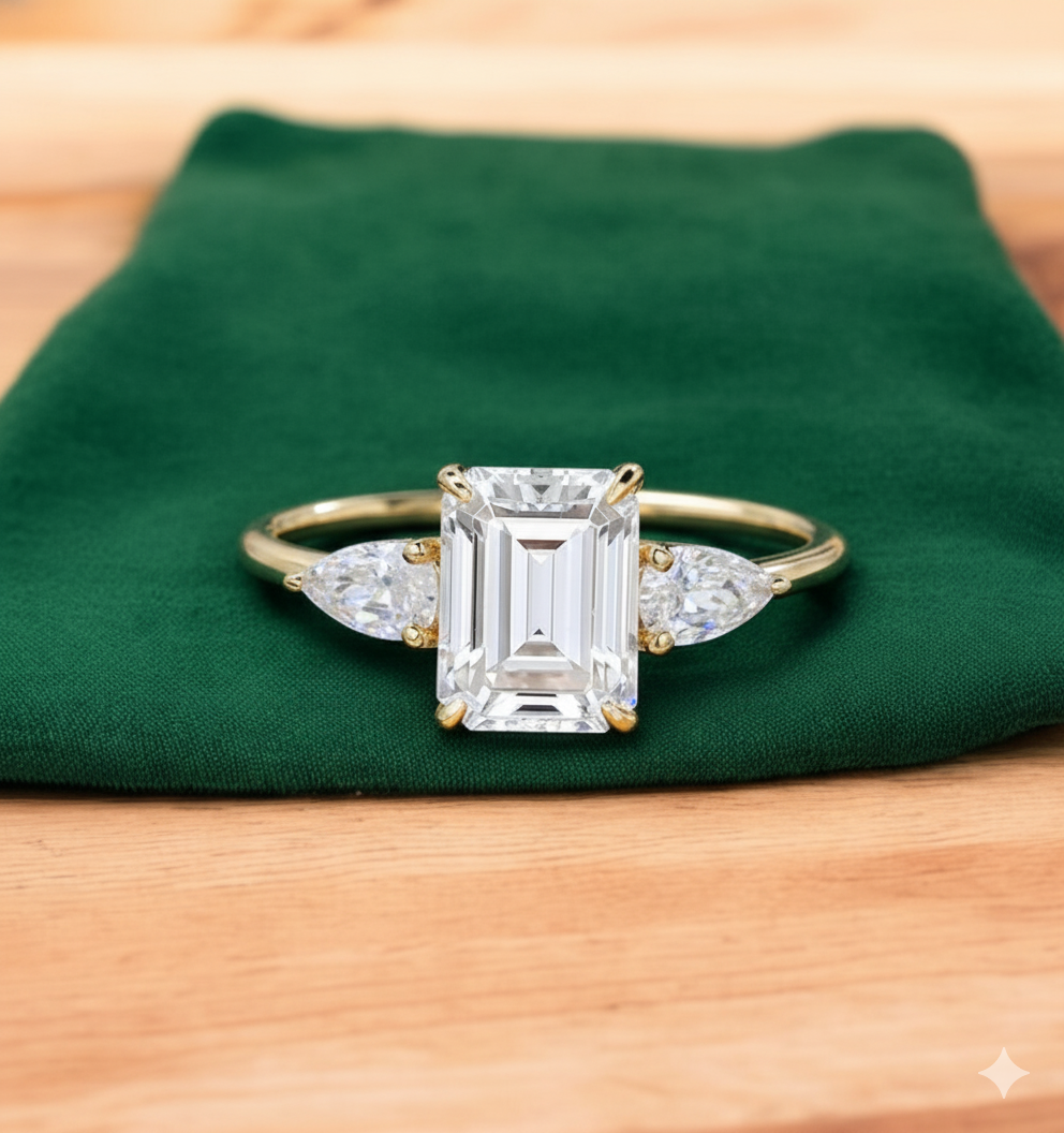 2.10ct Emerald Cut Lab Grown Diamond Engagement Ring • 3-Stone