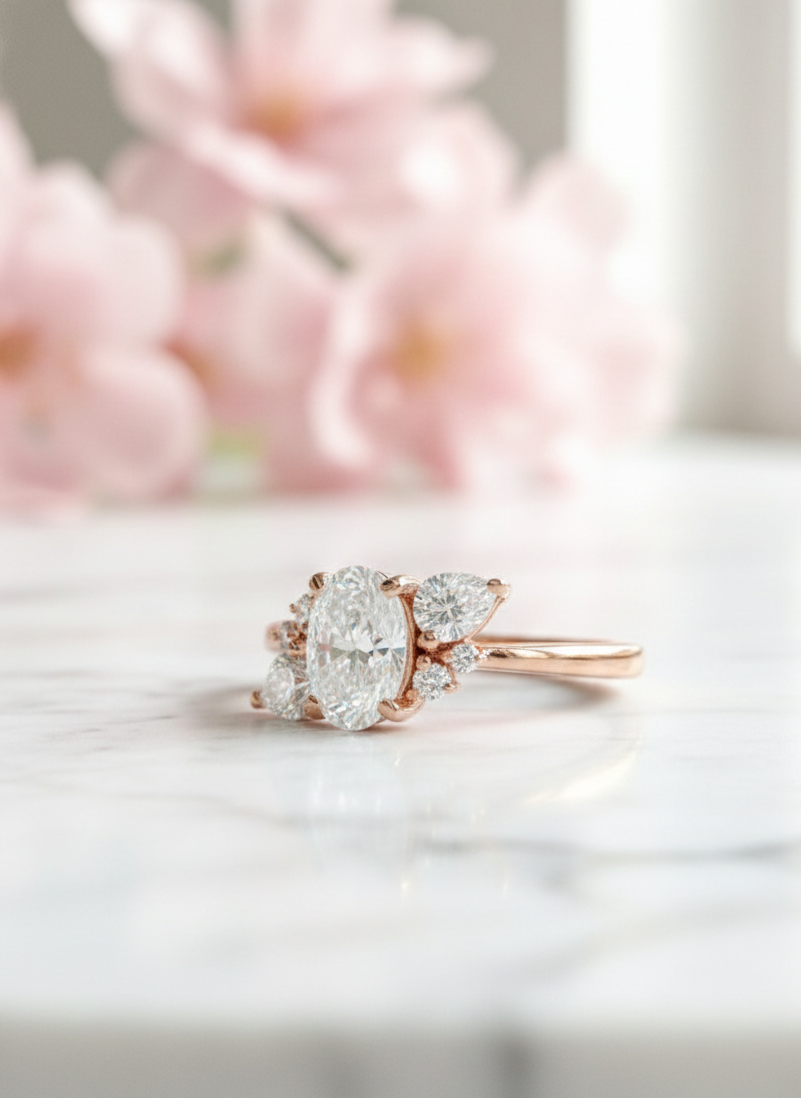 Elegant 1.70 CT Oval Engagement Ring – 14K Gold Cluster Design