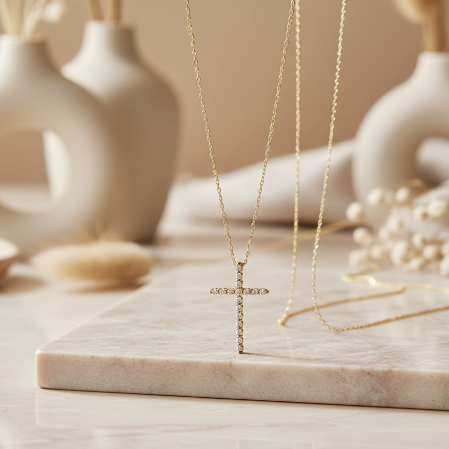 0.120 Ct Moissanite Cross Necklace – 14K Gold Pendant