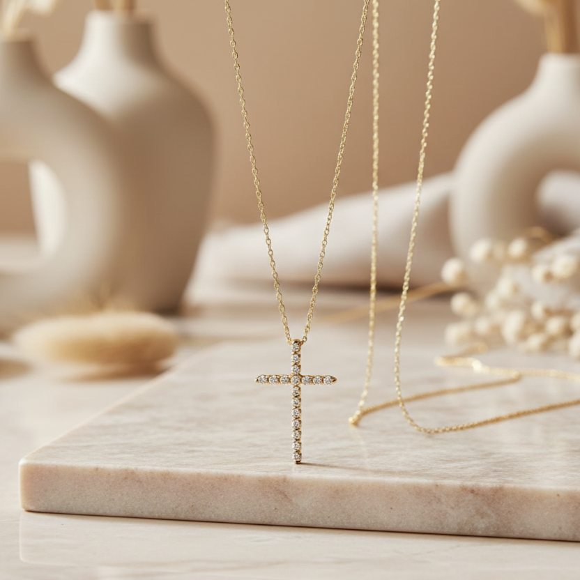 0.120 Ct Moissanite Cross Necklace – 14K Gold Faith Pendant