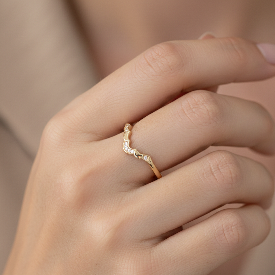 14K Gold Curved Wedding Band - 0.050 ct Diamond Ring