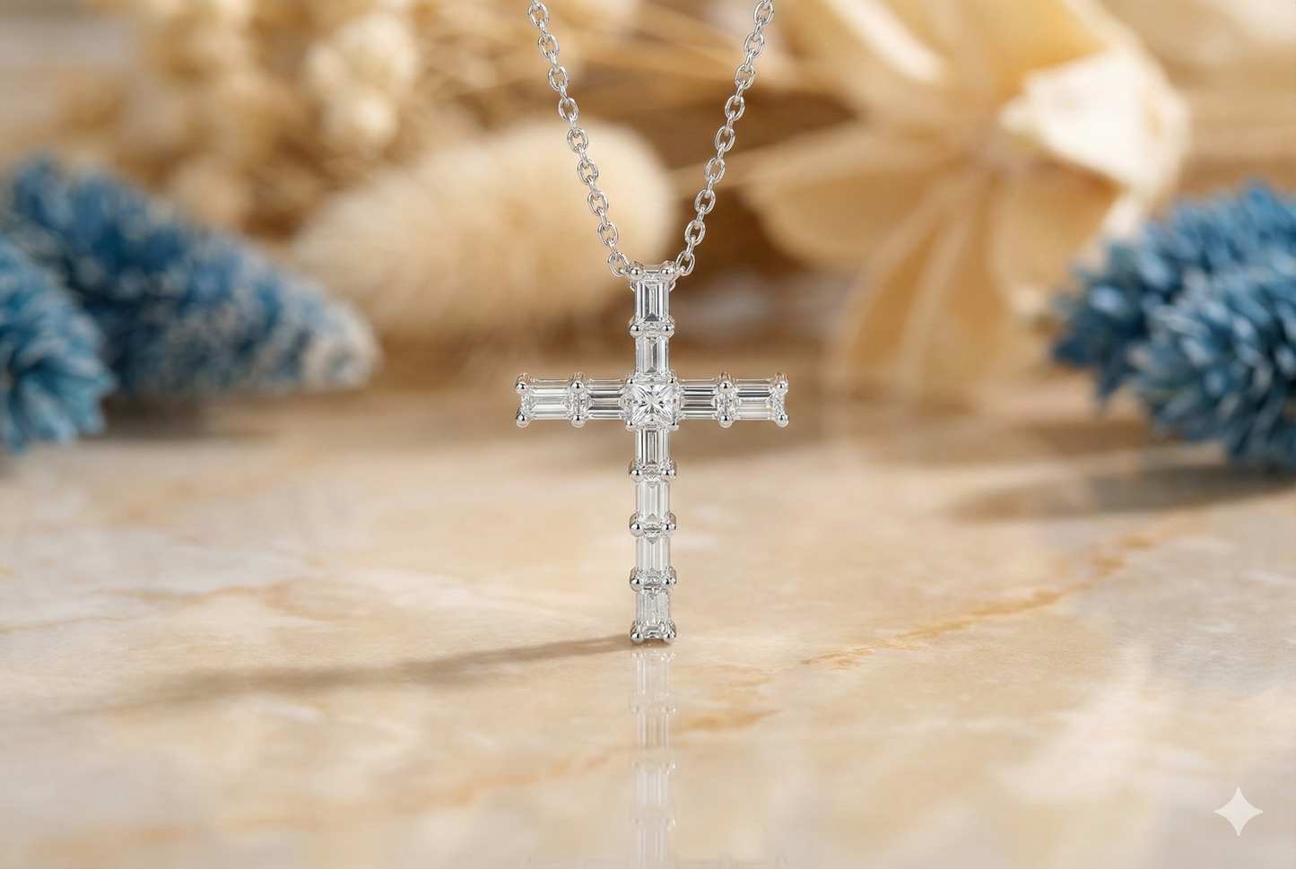 0.38 CT Baguette & Princess Cut Cross Pendant Necklace - 14K Gold