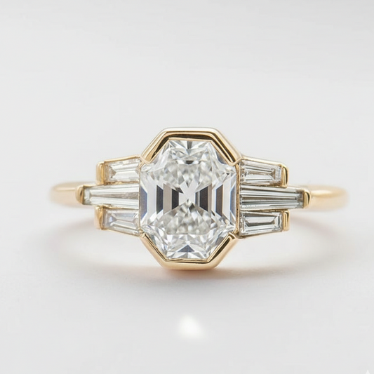 Hexagon Engagement Ring with Baguette Side Stones