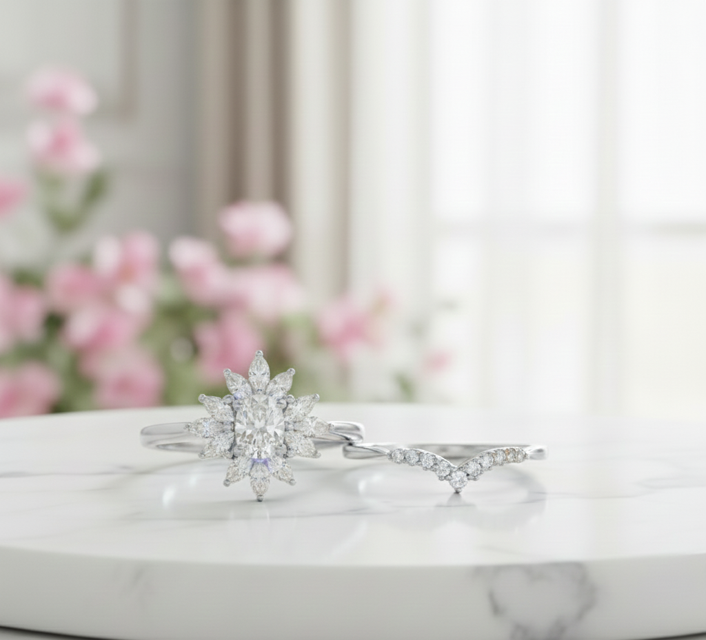 1.10 Ct Oval Moissanite Bridal Set – Sunburst Engagement Ring