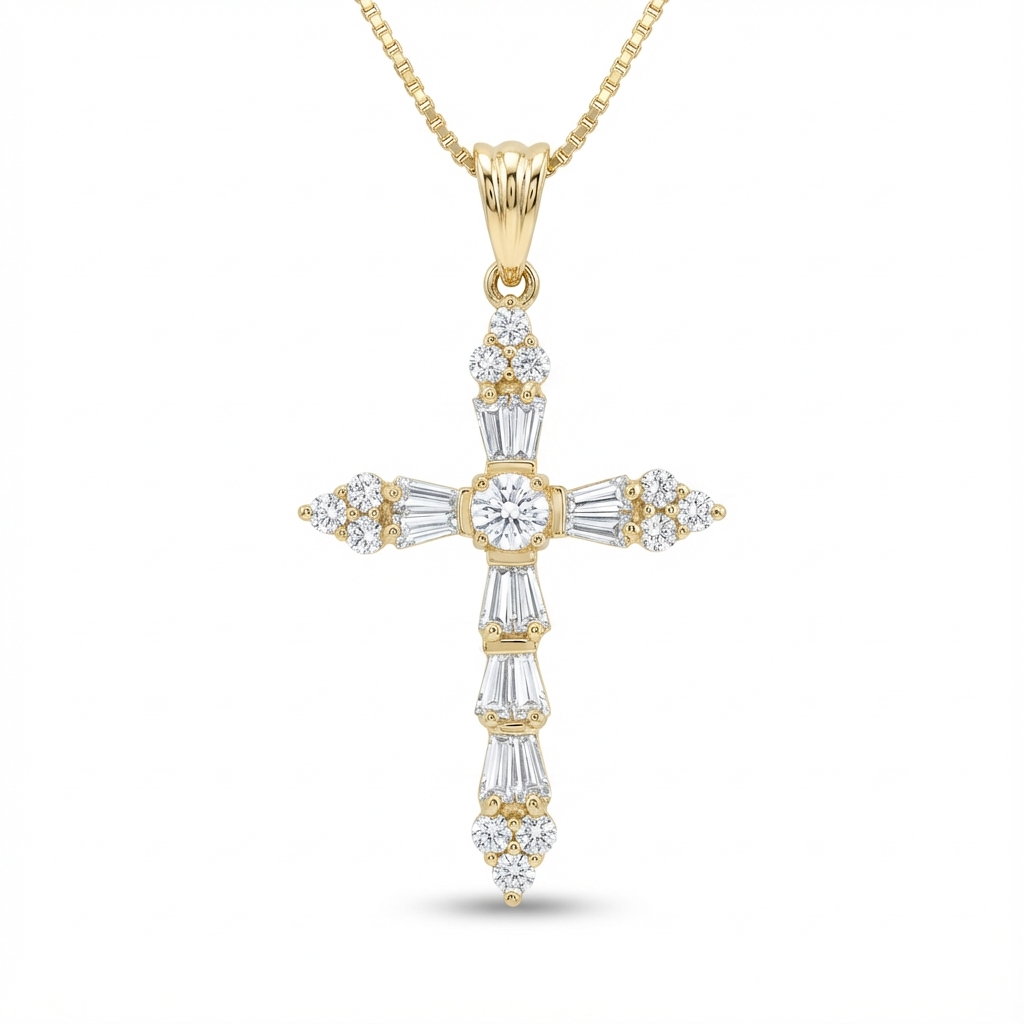 .37 Carat Moissanite Cross Pendant Necklace – Solid 14K Gold