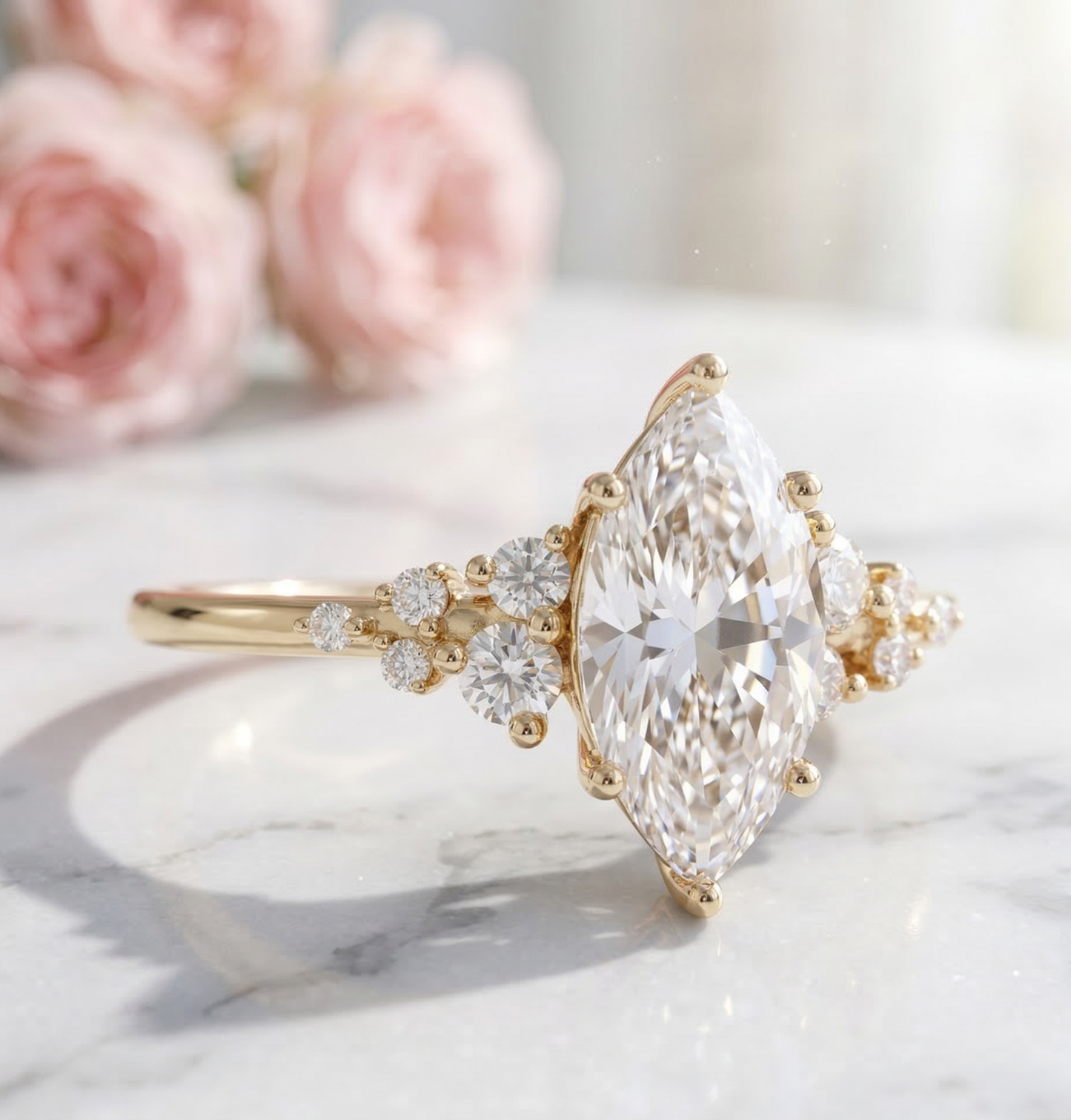 solitaire marquise engagement ring with wedding band​


