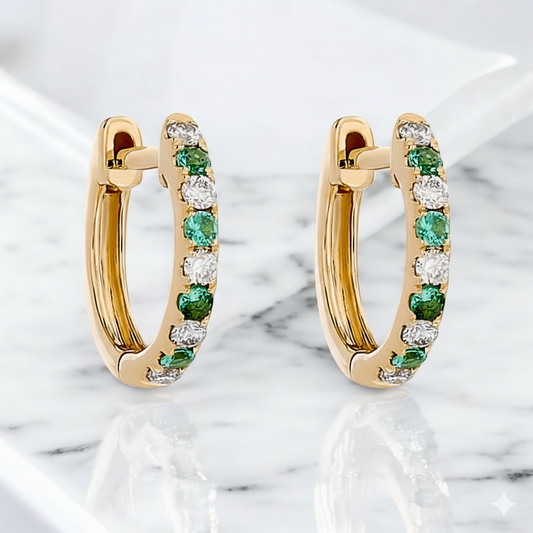 Alternating Lab Grown Diamond and Emerald Petite Hoop Earrings