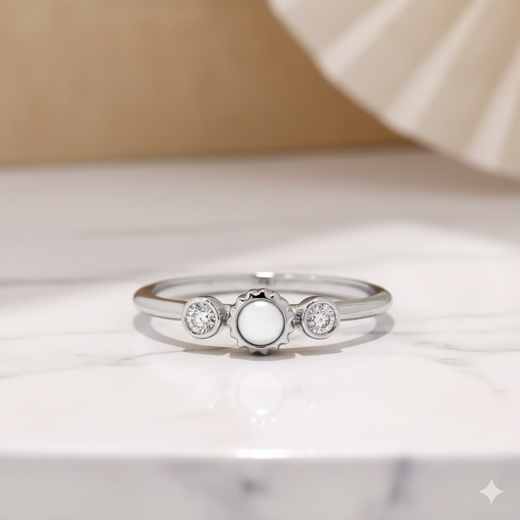 14K Solid Gold Pearl Lab Grown Diamond Ring • Dainty Stacking Ring