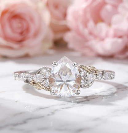 1.300CT Pear Lab Grown Diamond Vintage Floral Engagement Ring